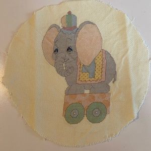 Cute Elephant Finished Cross stitch 10in circular pastel quiet colors handmade